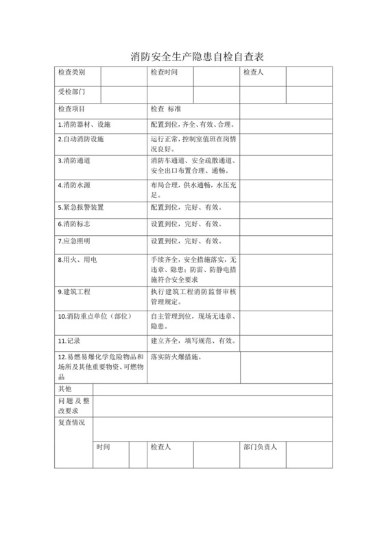 消防安全生产隐患自检自查表.docx