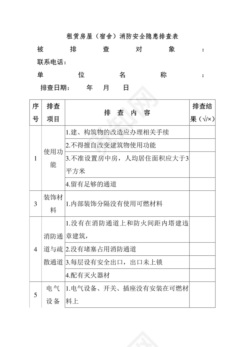 租赁房屋(宿舍)消防安全隐患排查表.doc