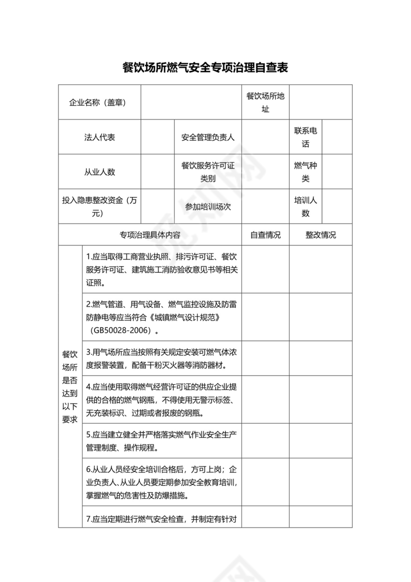 餐饮场所燃气安全专项治理自查表.doc