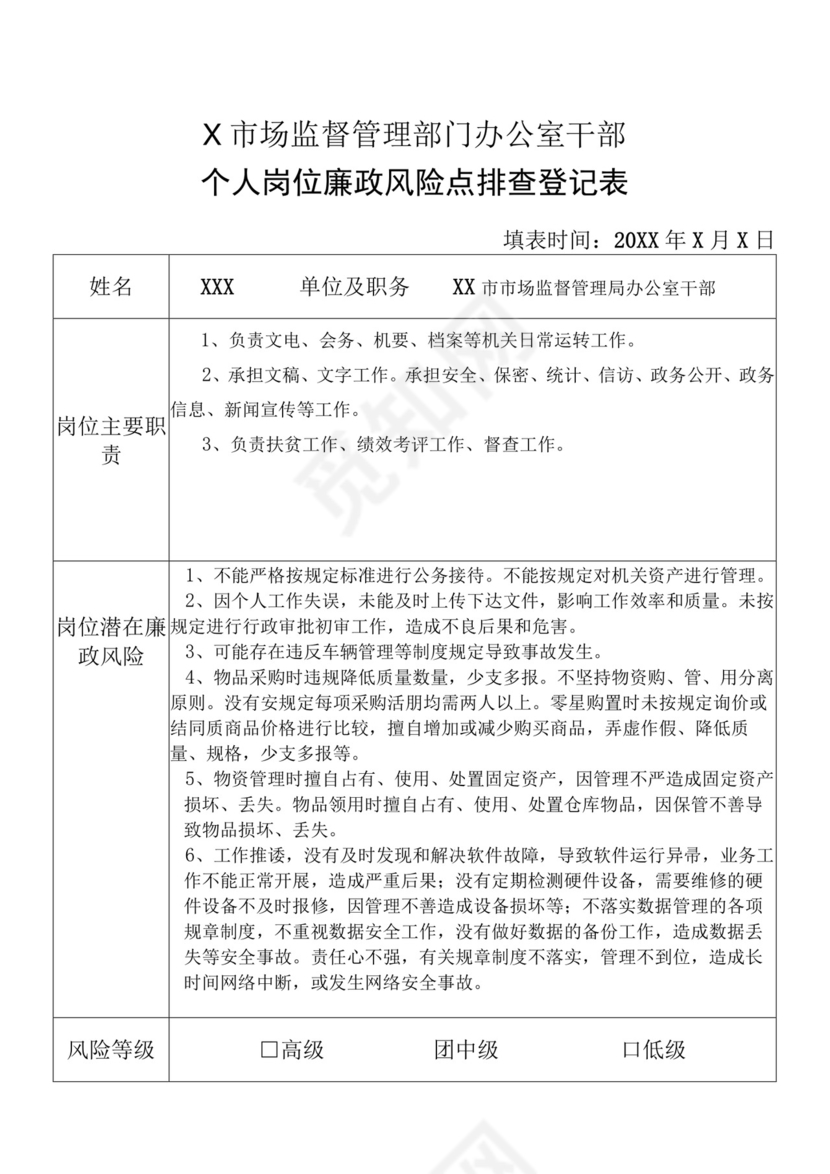 X县市场监督管理部门办公室干部个人岗位廉政风险点排查登记表.docx