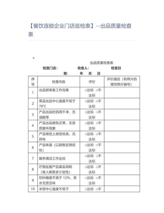 【餐饮】出品质量检查表.doc