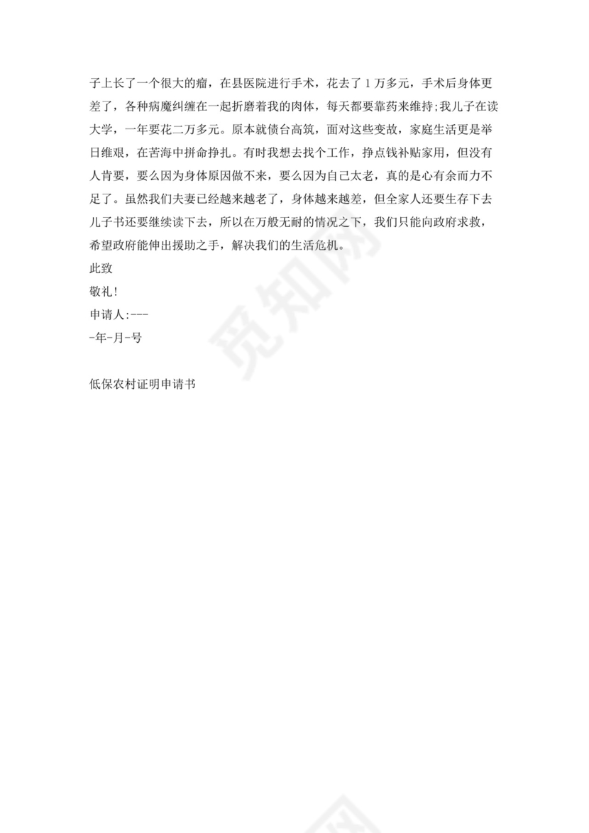 低保农村证明申请书5篇.docx