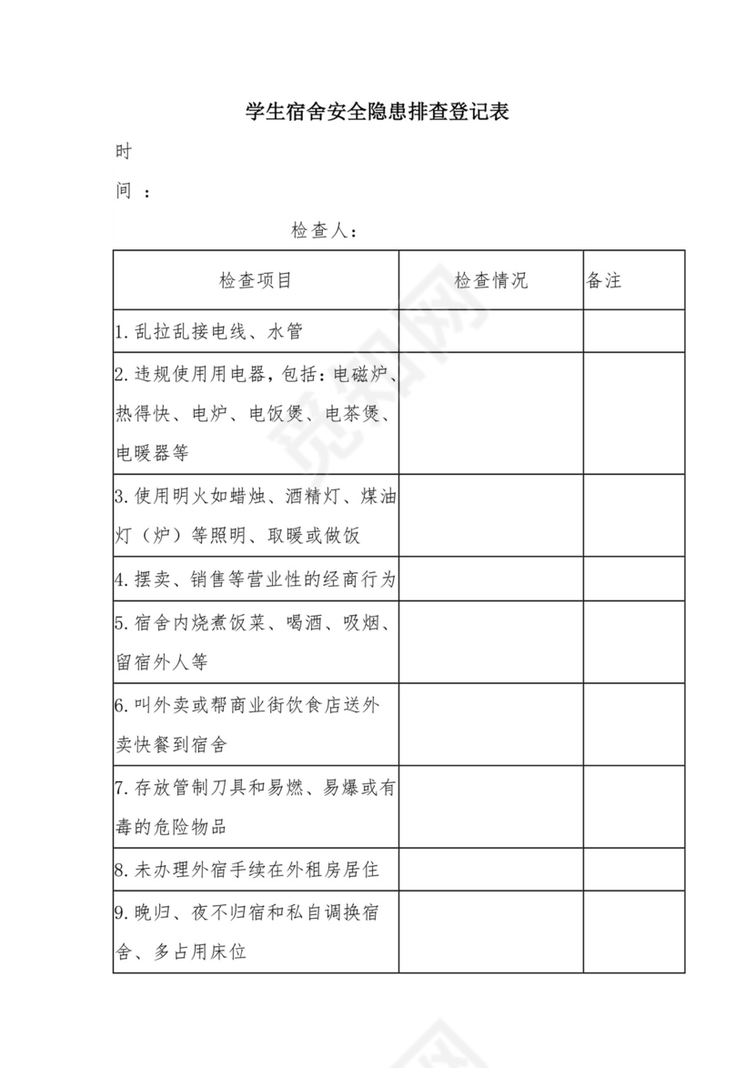 学生宿舍安全隐患排查登记表.docx