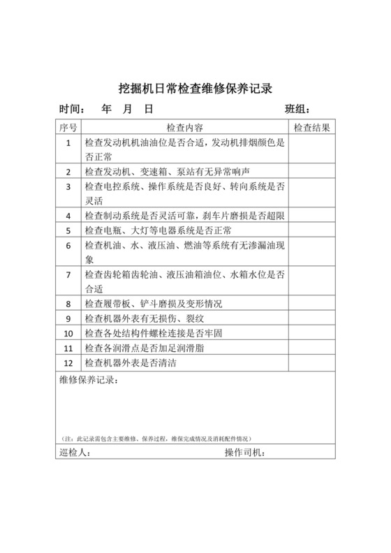 挖掘机日常检查维修保养记录-(1).docx