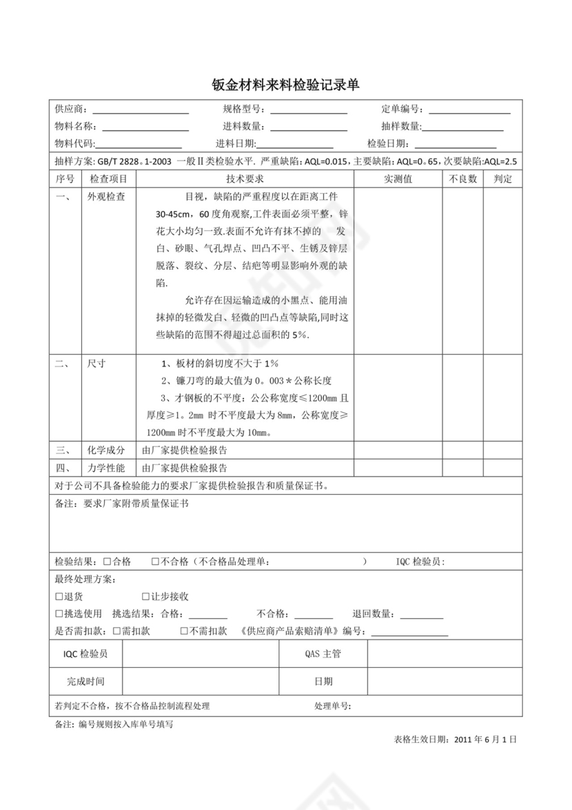 来料检验记录单【范本模板】.docx