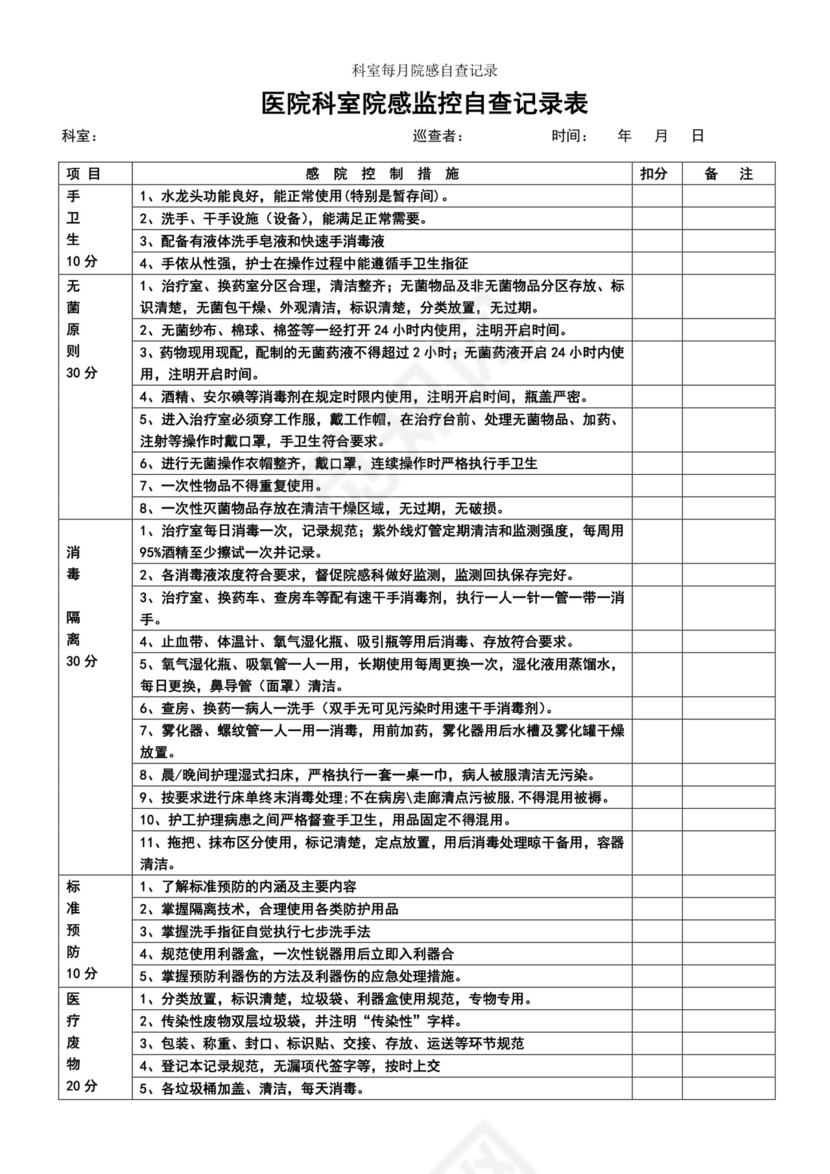 科室每月院感自查记录.doc