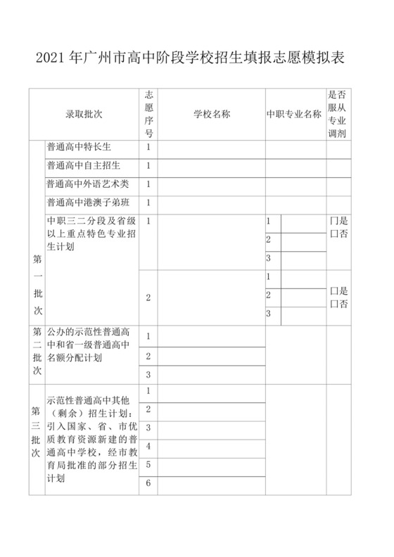 2021年广州市高中阶段学校招生填报志愿模拟表.docx