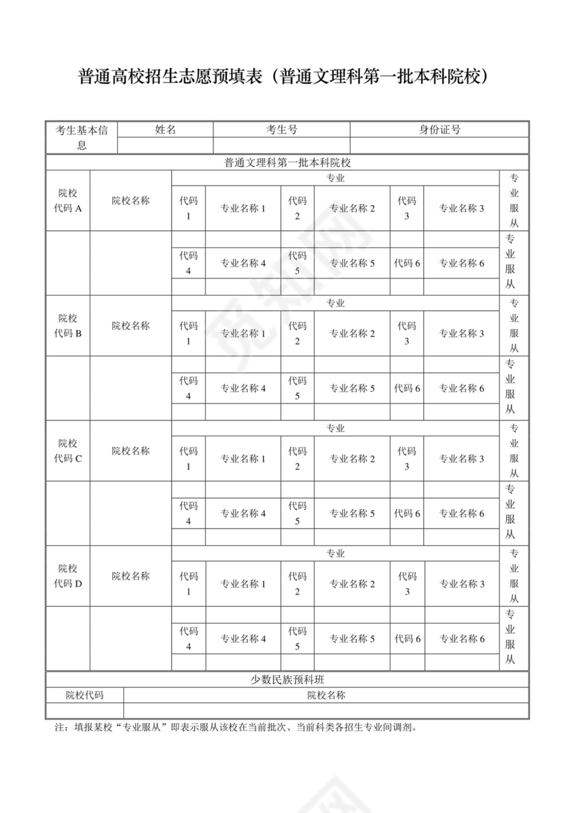 2020年高考志愿信息填报模拟表(打印版).docx