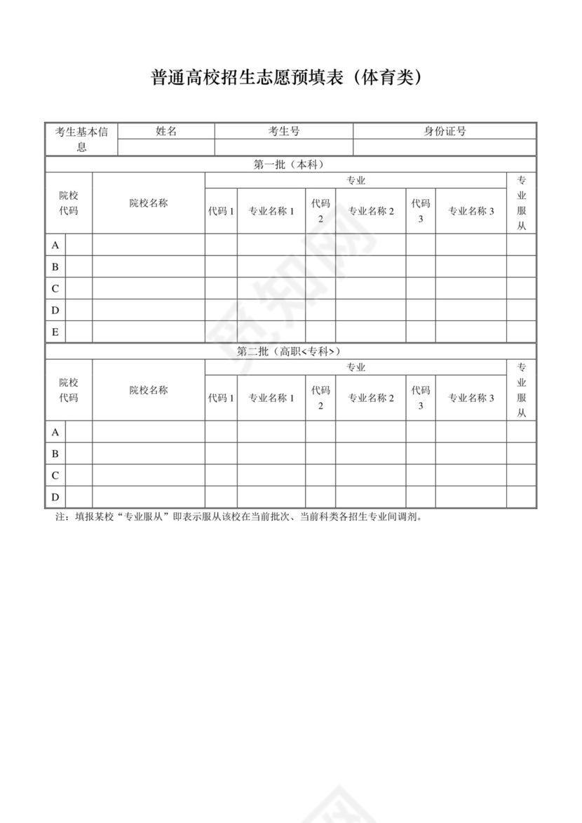 2020年高考志愿信息填报模拟表(打印版).docx