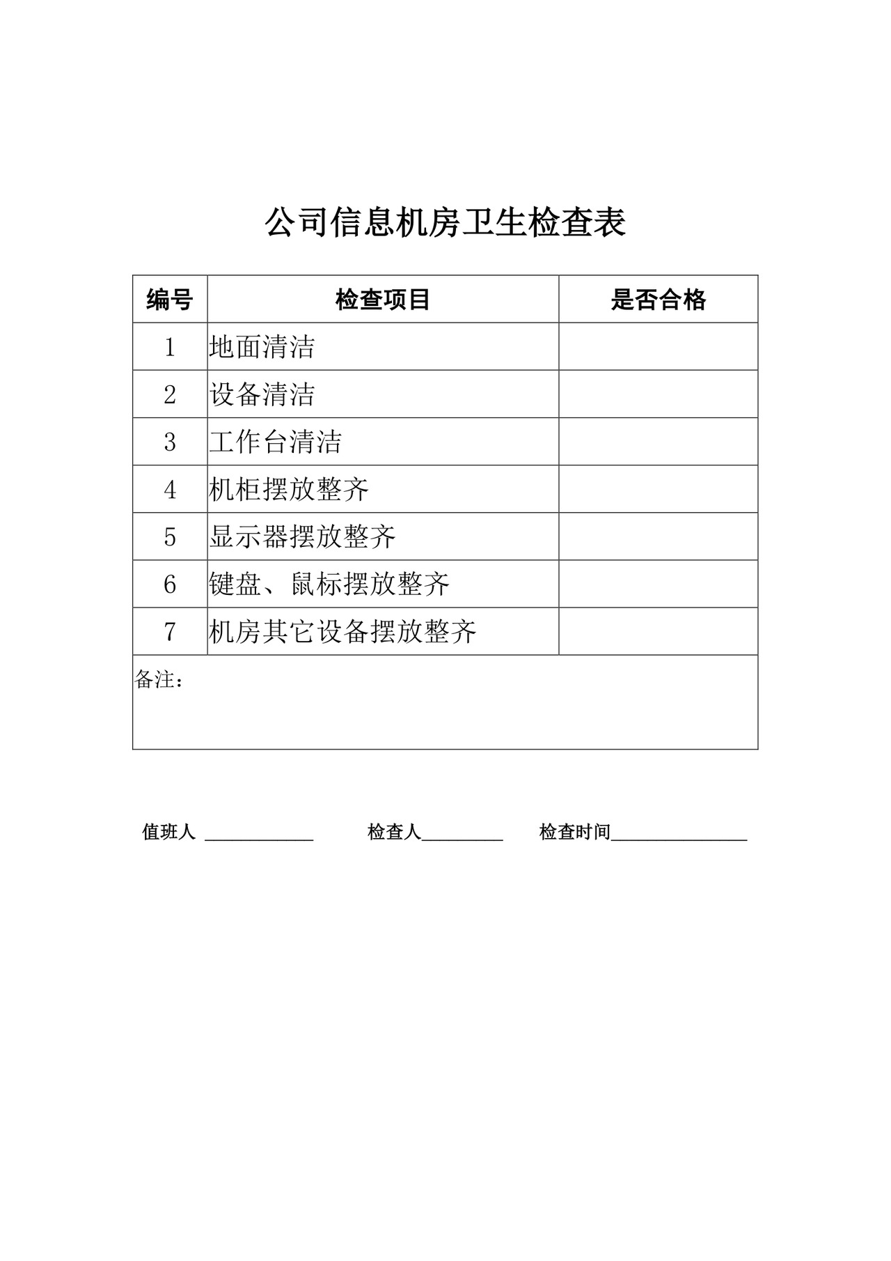 机房卫生检查表.doc