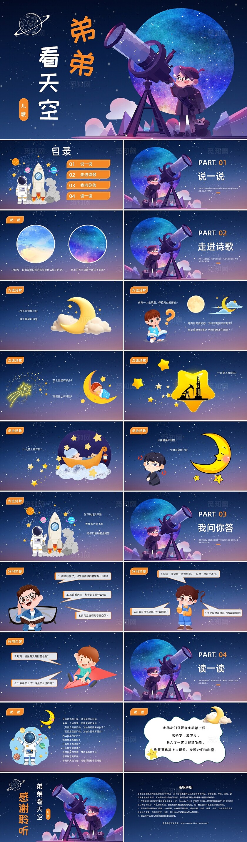 蓝色星空卡通风幼儿园儿歌课件弟弟看天空儿歌ppt