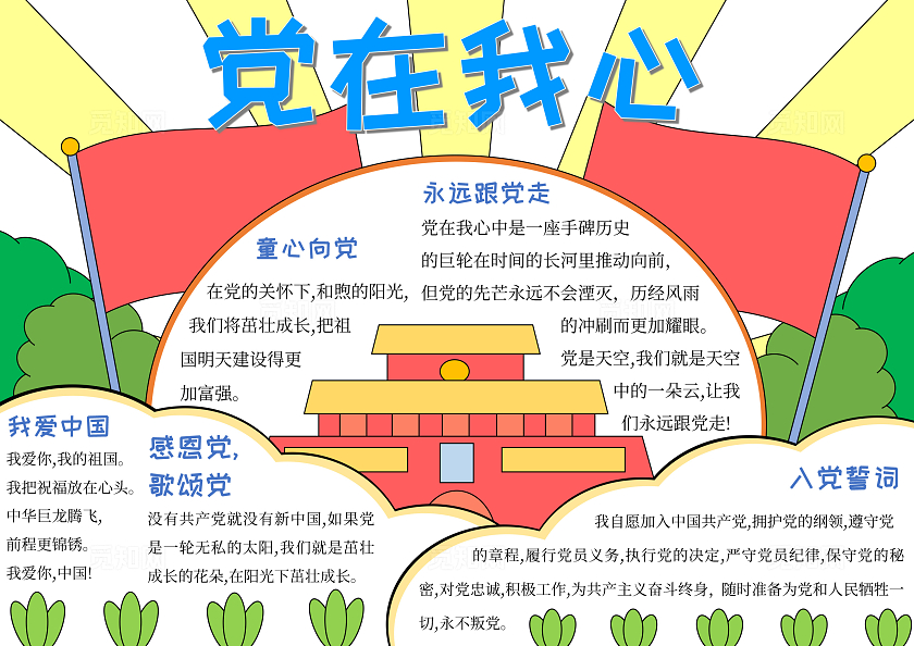 红色感党恩听党话跟党走手绘手抄报党在我心简约卡通爱国