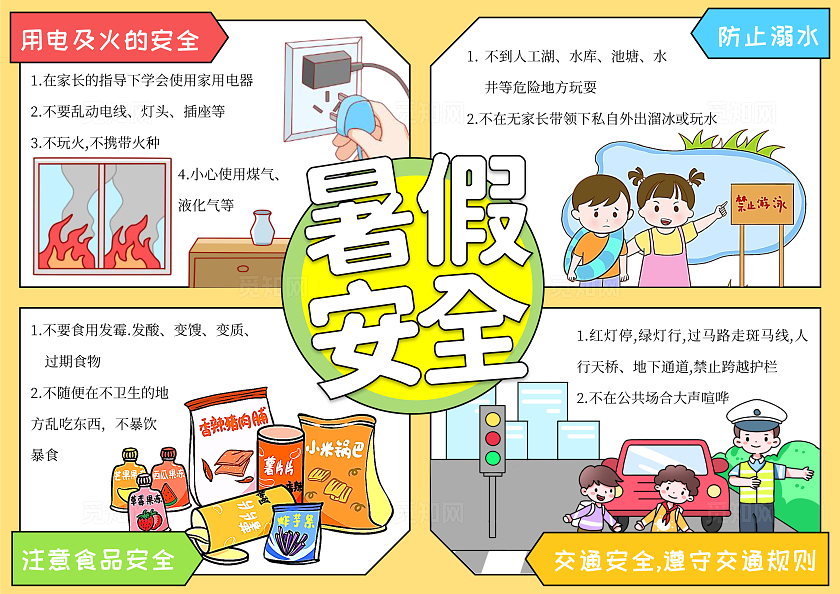 橙色暑假安全手绘手抄报小学生放假安全指南注意事项暑假暑期