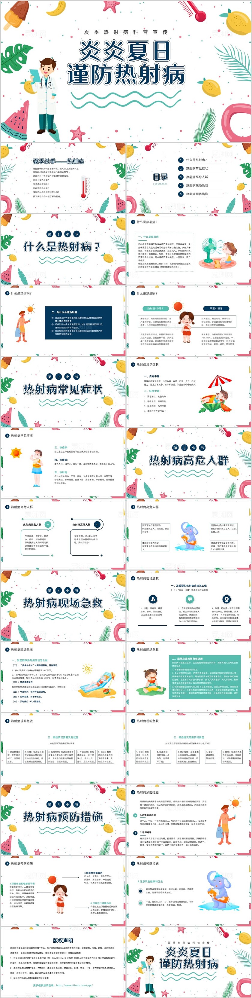 蓝色简约花卉风夏季热射病科普PPT模板