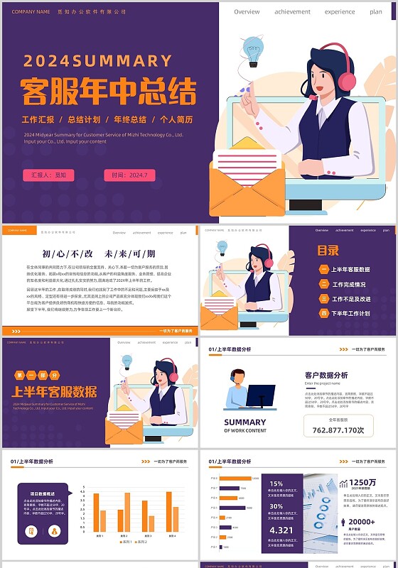 简约商务插画风企业客服年中工作总结工作计划工作汇报PPT年中总结