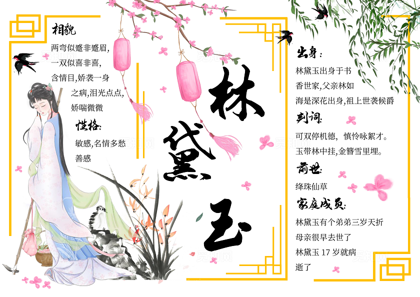 红楼梦人物介绍古风插画人物篇林黛玉黛玉葬花手抄报四大名著四大名著小报