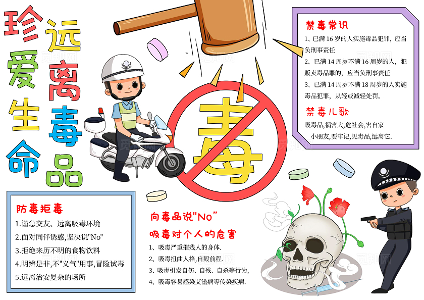 手绘卡通珍爱生命远离毒品禁毒手抄报毒品的危害警察缉毒国际禁毒日