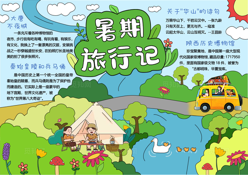 蓝天白云背景手绘插画暑假旅行记小报手抄报暑假