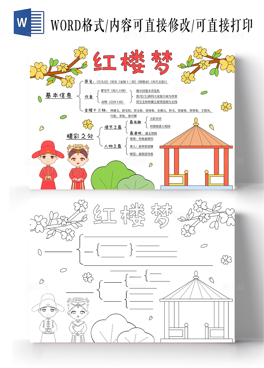 红楼梦思维导图卡通手绘红楼梦知识汇总手抄报四大名著四大名著小报