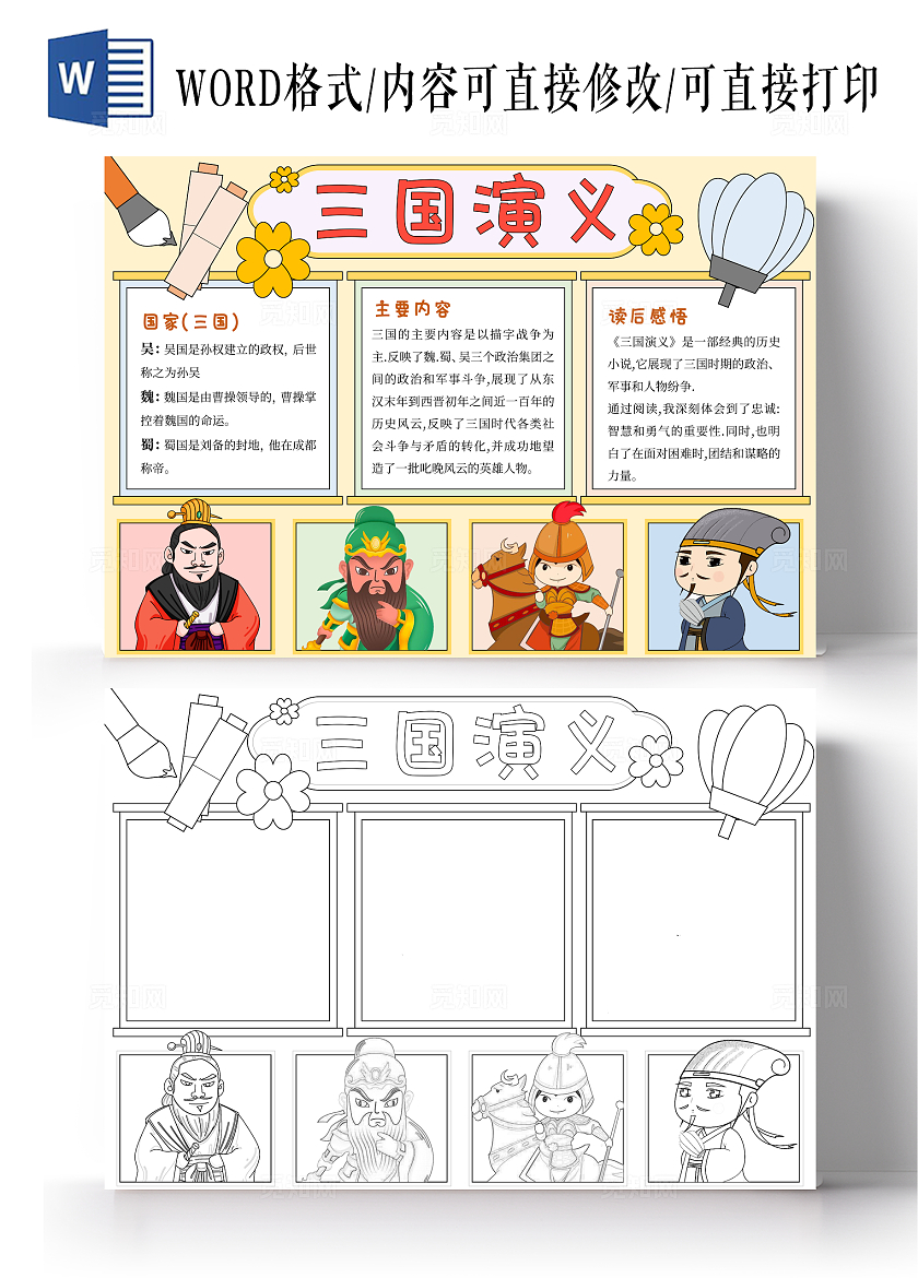 黄色手绘三国演义三国志三国报手抄报诸葛亮魏蜀吴卡通简约四大名著小报