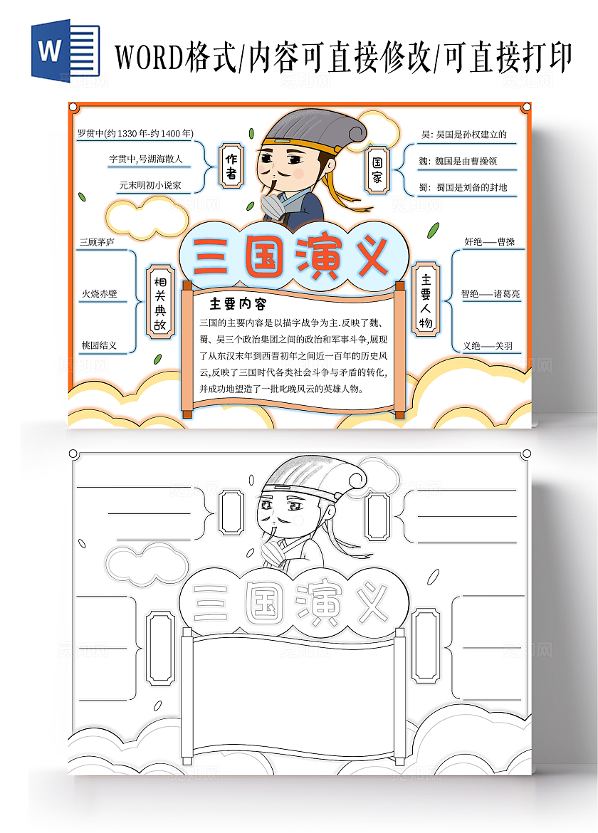 橙色三国演义手绘三国志手抄报中国四大名著读书小报四大名著小报