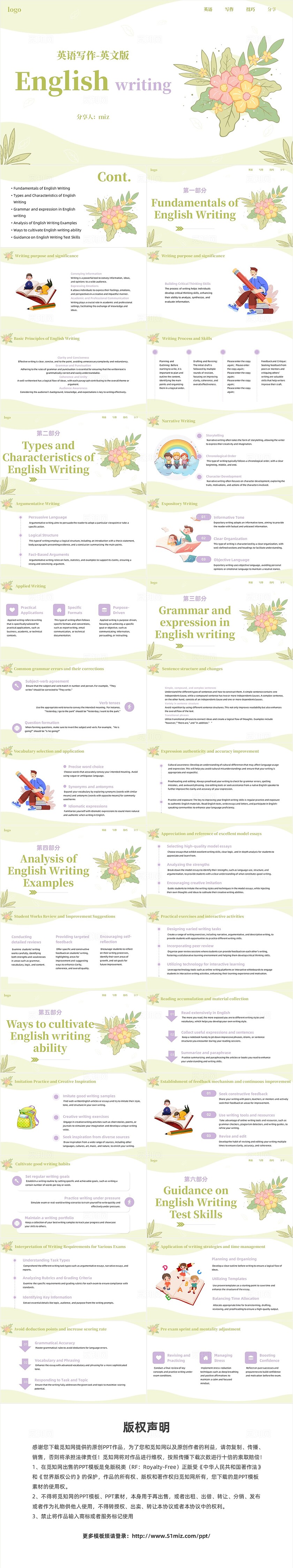 绿色简约小清新花卉英文写作英文版说课培训ppt