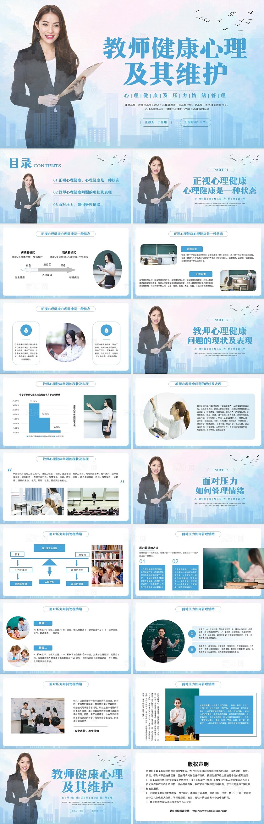 蓝色简约教师心理健康培训PPT模板宣传PPT动态PPT