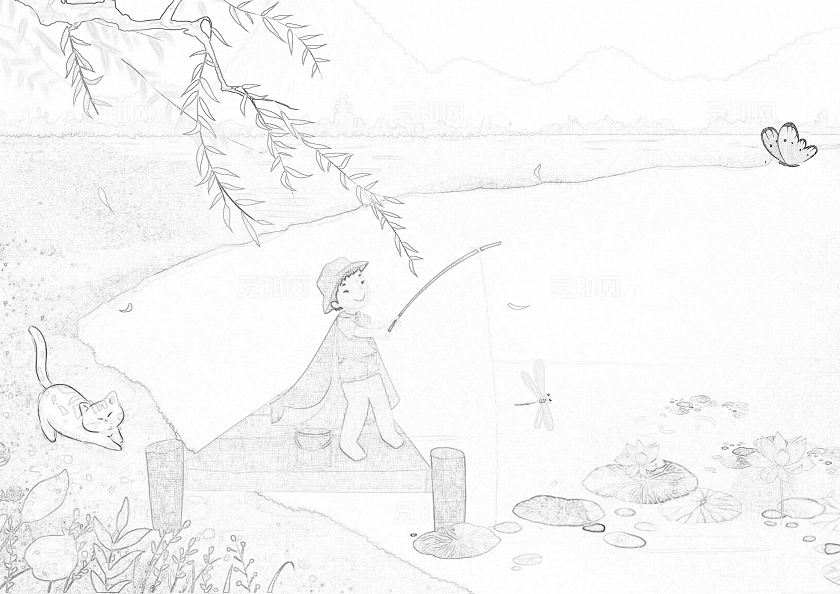 蓝绿色插画卡通小清新小池风景手抄报自然