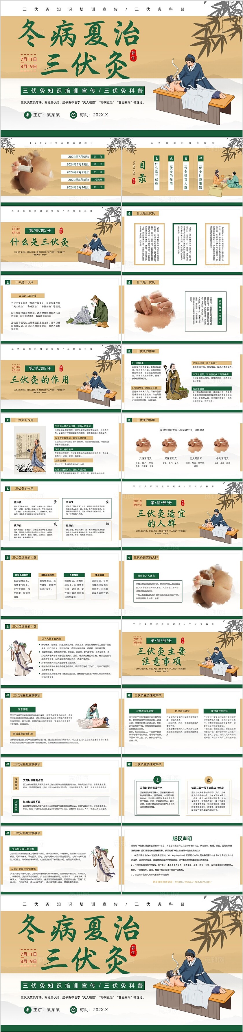 绿色简约插画风三伏灸知识科普PPT模板