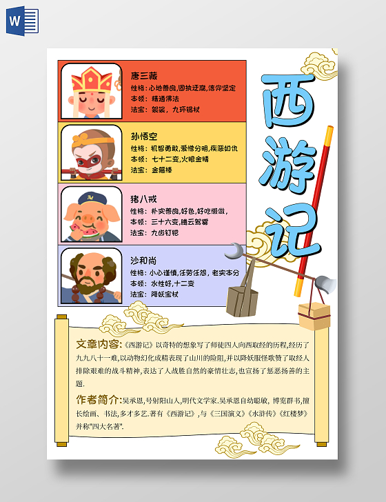 四大名著手绘插画西游记读书手抄报孙悟空