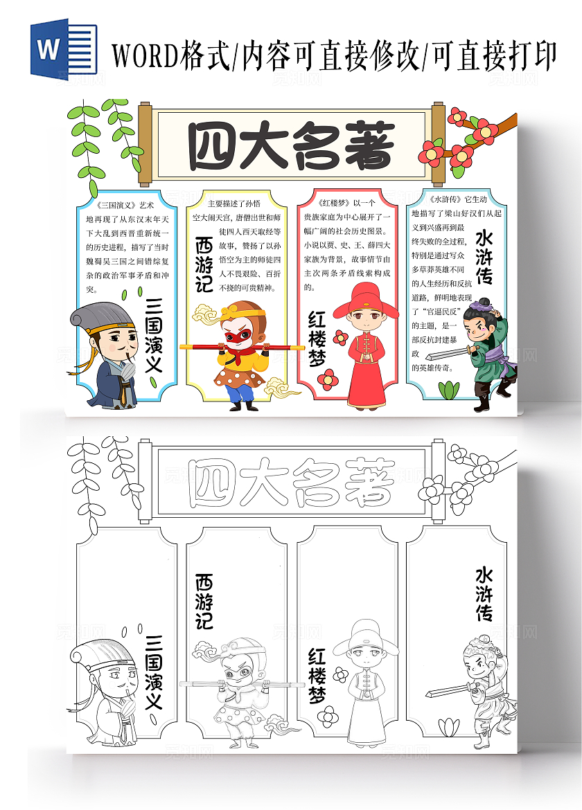 四大名著总结卡通手绘手抄报红楼梦西游记水浒传三国演义读书