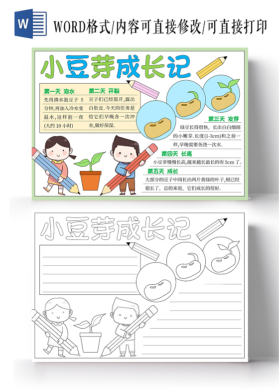 绿色豆芽植物生长手绘小豆芽成长记手抄报观察日记