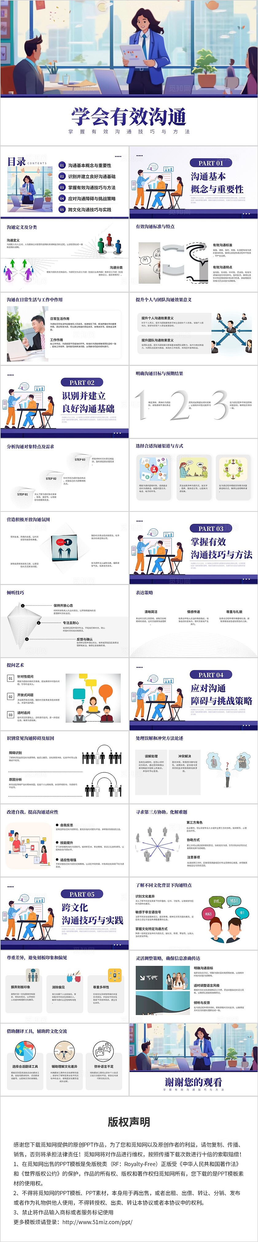 紫色简约插画学会有效沟通员工培训PPT模板沟通技巧
