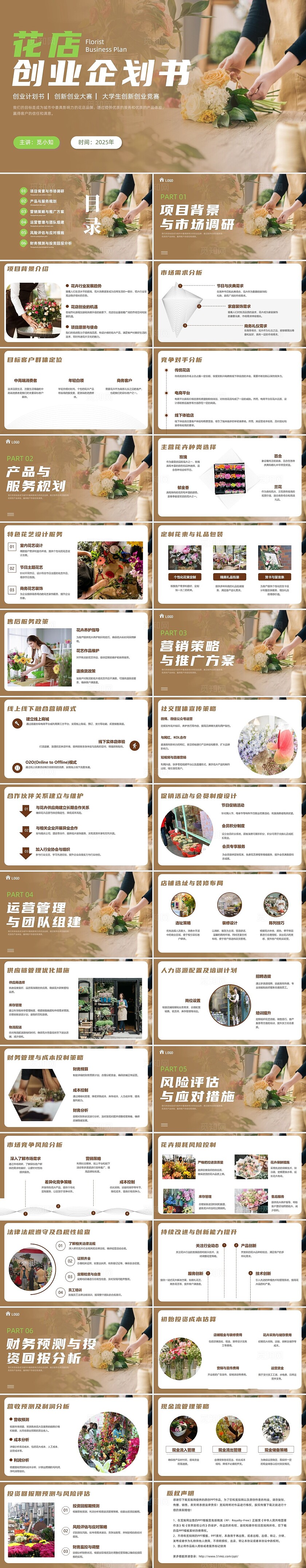 棕色实拍风翻页动画花店创业企划书商业计划书PPT互联网创新创业大赛