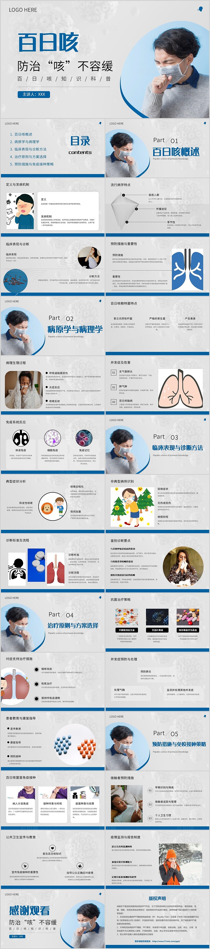 蓝色简约医学医疗百日咳相关知识科普PPT模板传染病