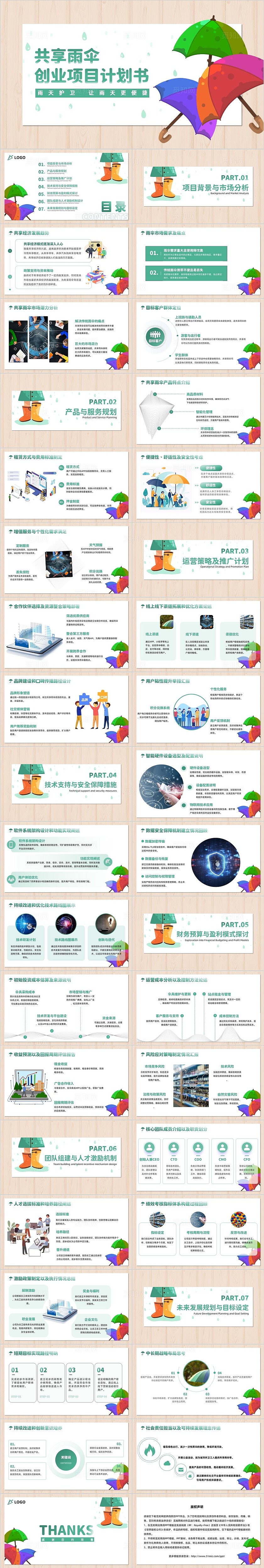 绿色简约扁平化共享雨伞创业项目计划书PPT模版互联网创新创业大赛