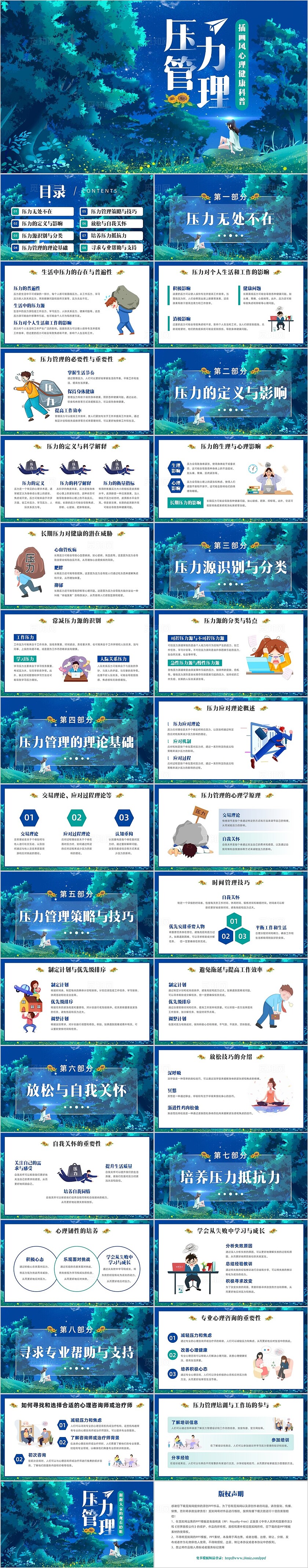 插画风压力管理心理健康科普PPT模板