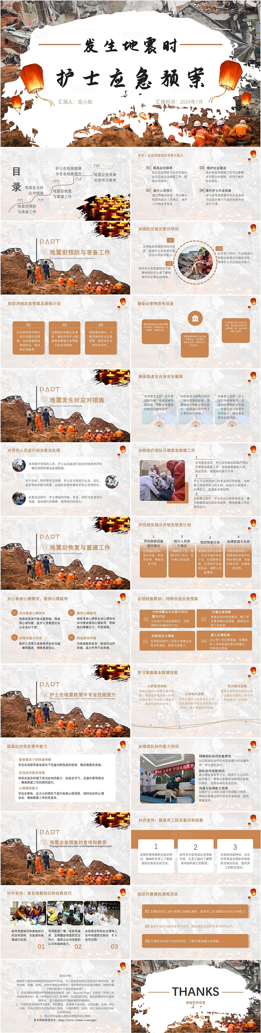 茶色商务发生地震时护士应急预案ppt模板护理