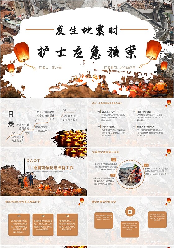 茶色商务发生地震时护士应急预案ppt模板护理