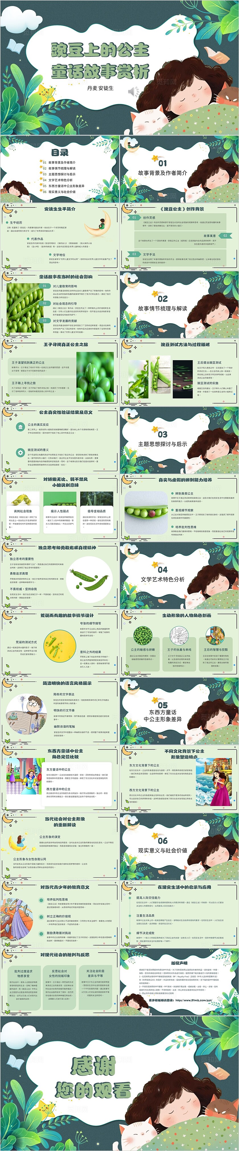 自然绿色卡通插画翻页式豌豆上的公主课件ppt报告童话故事