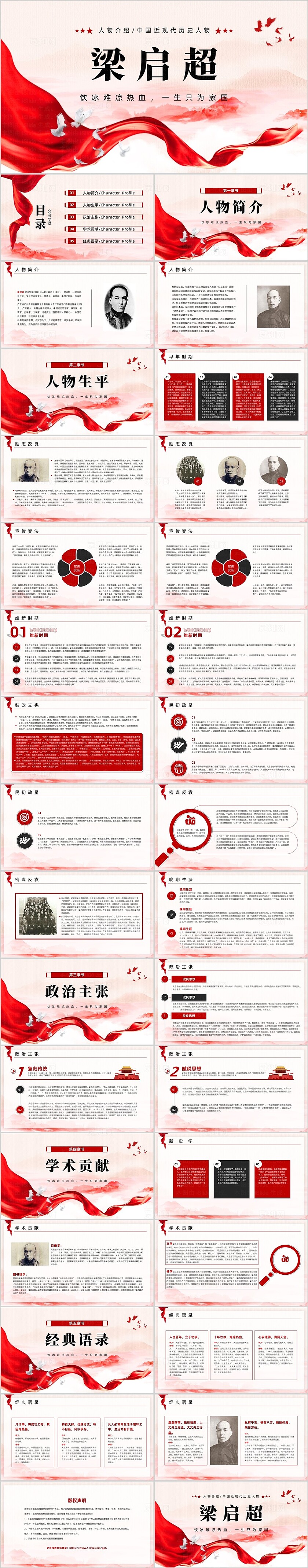 红色党政风梁启超人物介绍PPT模板