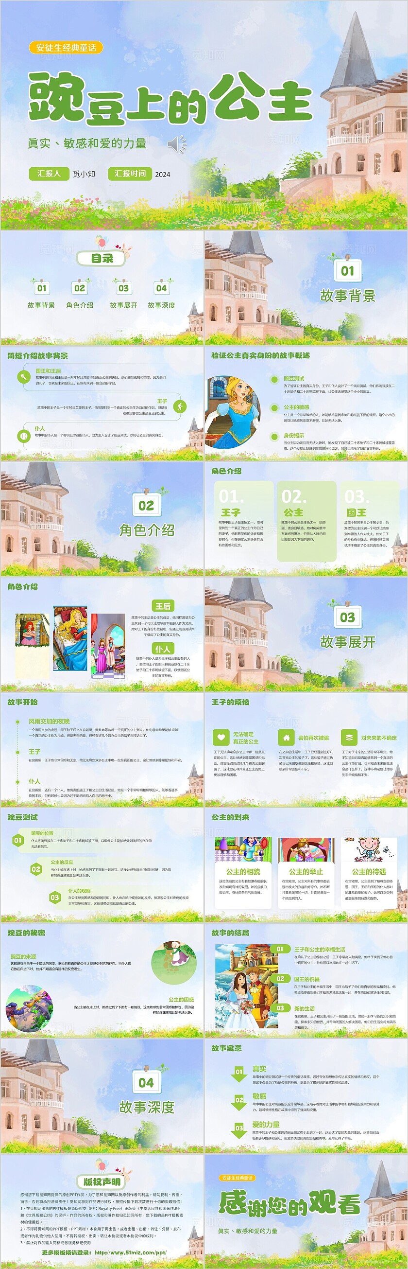 绿色自然卡通插画类翻页式豌豆上的公主课件PPT模版童话故事