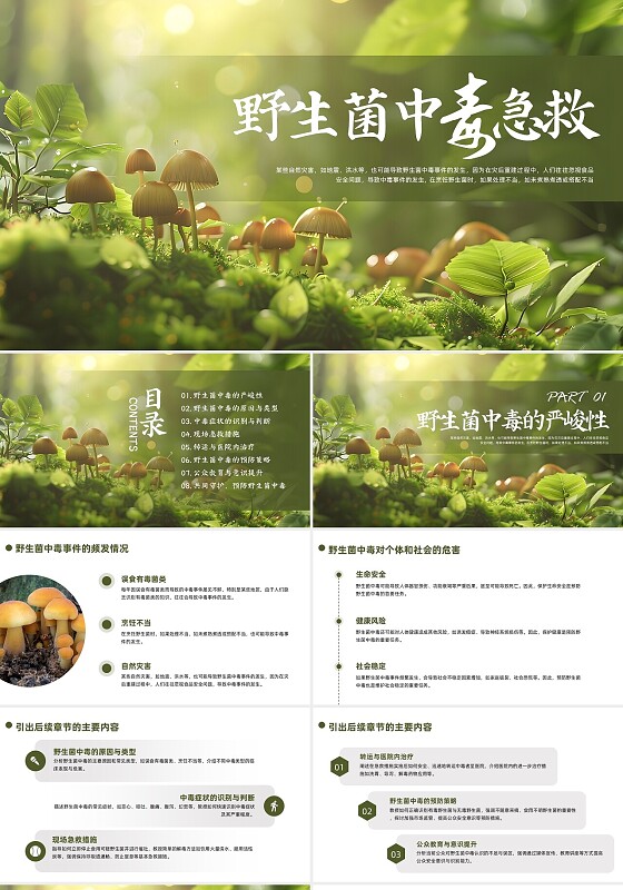 绿色简约实拍野生菌中毒急救PPT模板宣传PPT动态PPT