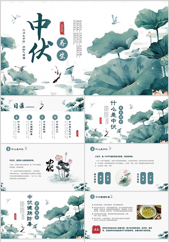 水墨荷花中国风中伏养生介绍PPT三伏