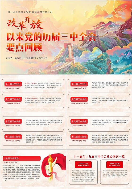 国潮风插画党的历届三中全会要点回顾PPT党建党课党政