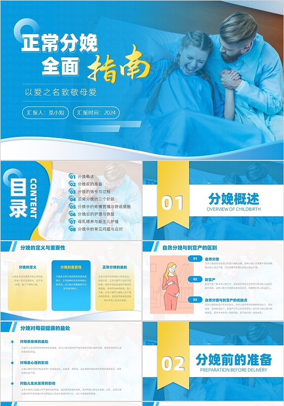 蓝色简约风正常分娩妇产科培训ppt模版妇科