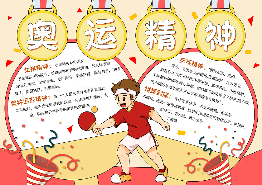 橙红色奥运精神手绘手抄报卡通乒乓球比赛小报奥运会巴黎奥运会