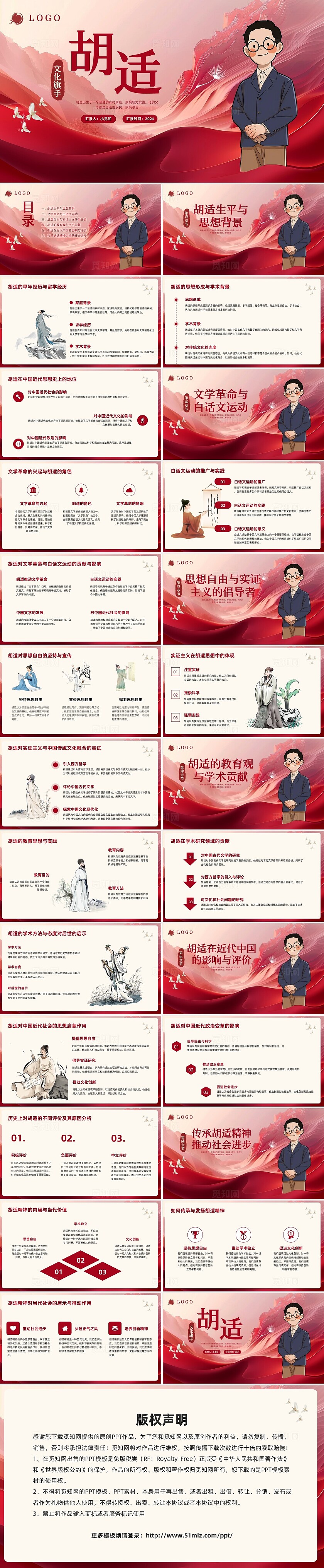 红色大气文化旗手胡适PPT模板宣传PPT动态PPT红色人物介绍