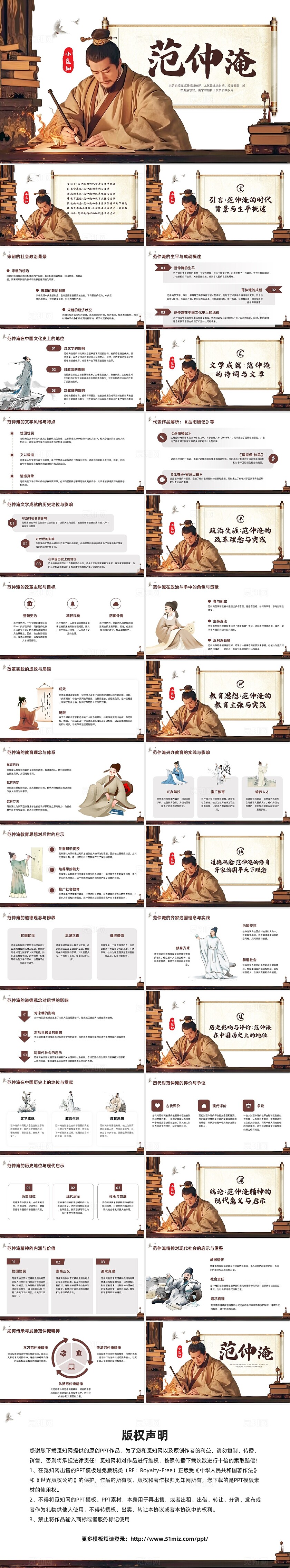 棕色古风插画范仲淹PPT模板宣传PPT动态PPT历史人物介绍