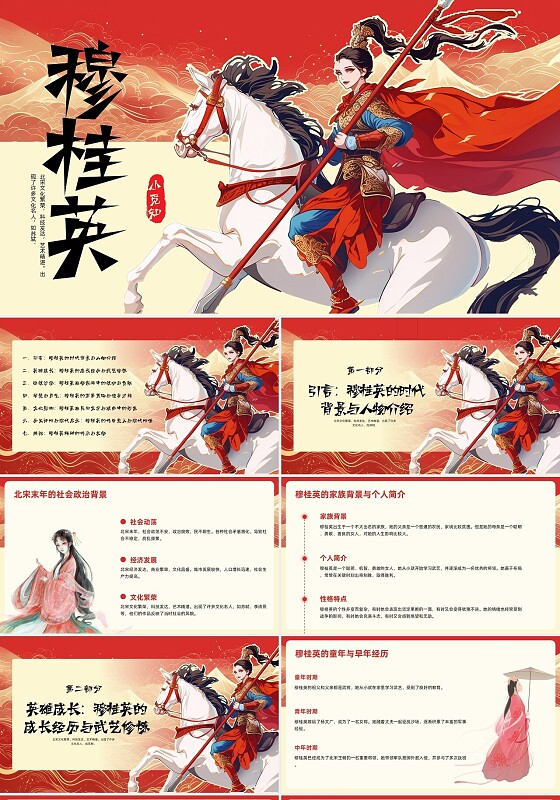红色国潮古风穆桂英PPT模板宣传PPT动态PPT历史人物介绍